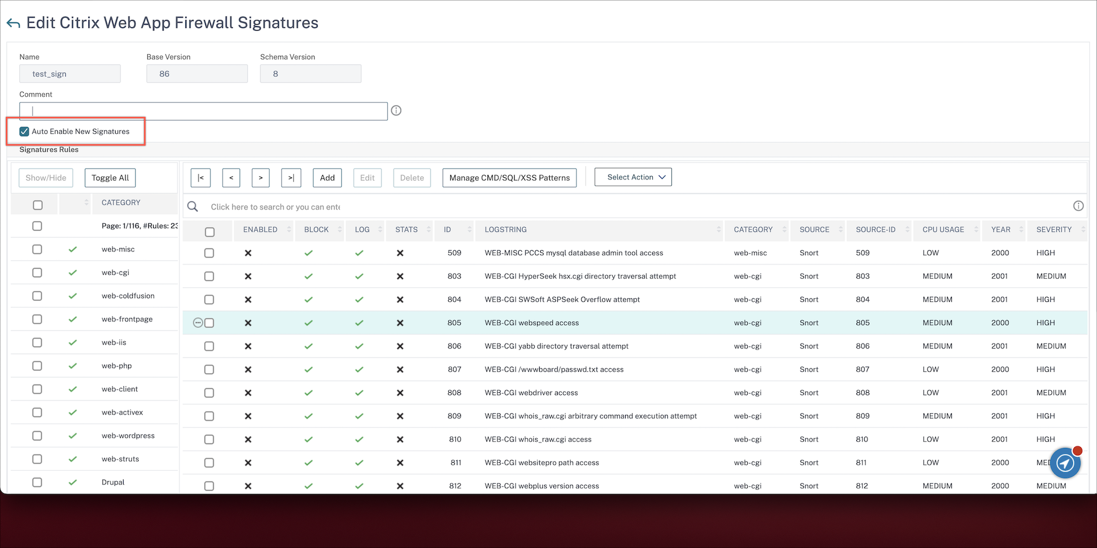 Auto-enable new WAF signature default rules